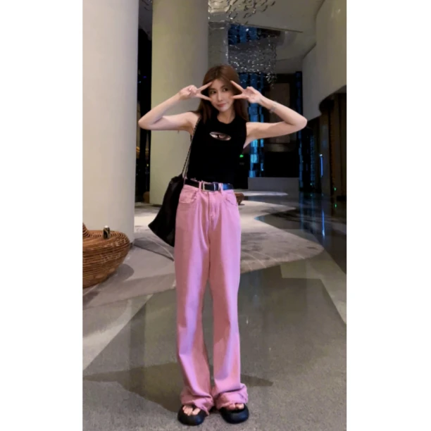 婉君【乌梅紫酱】高腰毛边阔腿牛仔裤LWJ23A1K125