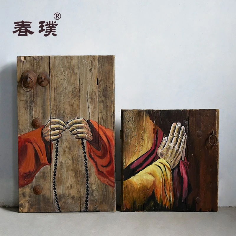 老榆木门板装饰画创意手绘朽木板雕刻背景画中国风书法牌匾可定制