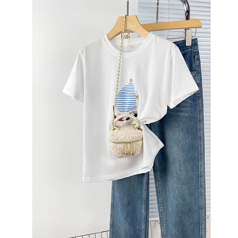 夏季新款雪花棉短袖t恤简约趣味卡通印花圆领女装chic别致上衣服