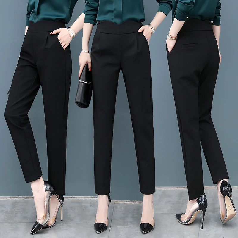 春季新款直筒九分裤子黑色休闲哈伦西裤高腰小脚裤