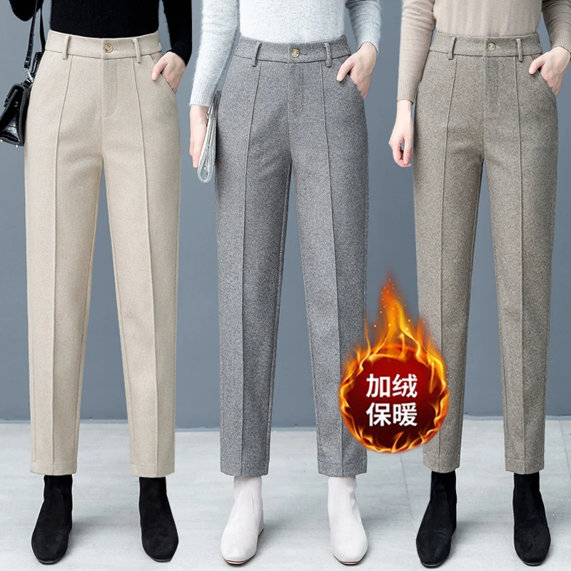 艾格毛呢哈伦裤女2022秋冬新款百搭直筒加绒保暖小脚裤