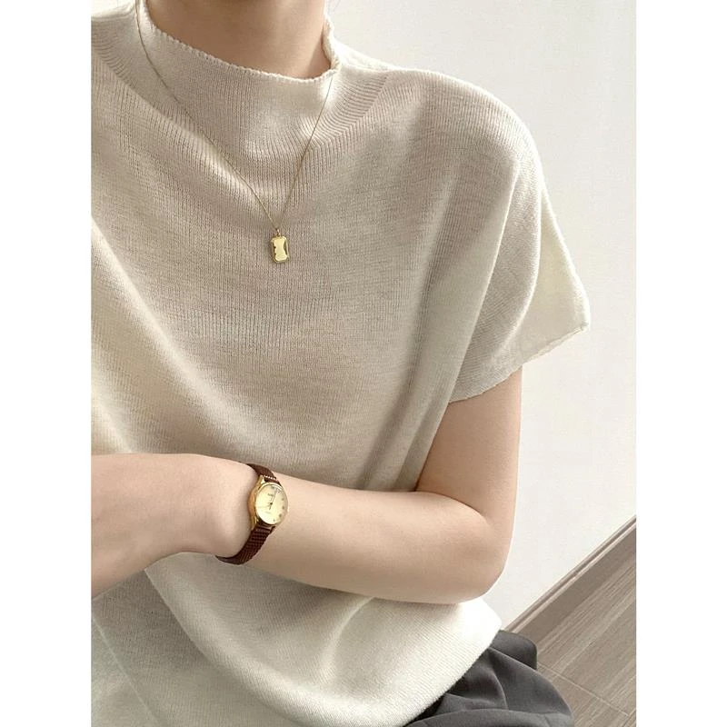 2025半高领针织短袖女夏季设计感别致圆领套头宽松正肩T恤上衣薄