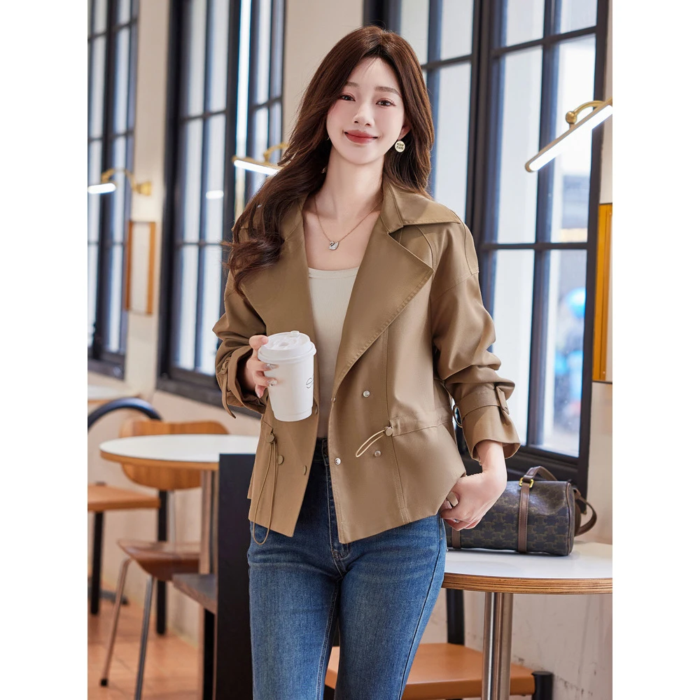 时尚短款风衣女春秋季新款气质时尚收腰显瘦双排扣翻领外套百搭