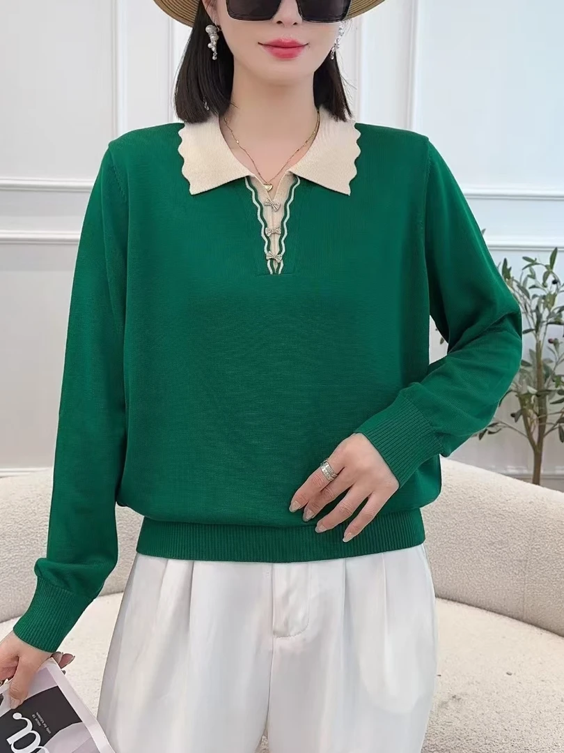 【佳齐】6号链接休闲百搭宽松翻领长袖天丝针织衫