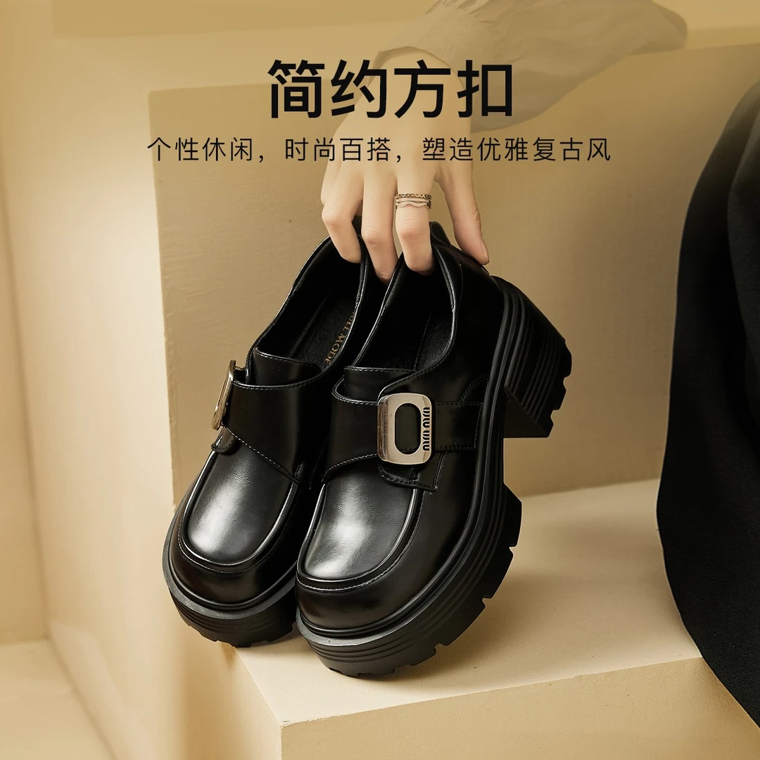 依思q女鞋2025春季新款圆头真皮厚底乐福鞋高颜值高气质百搭单鞋