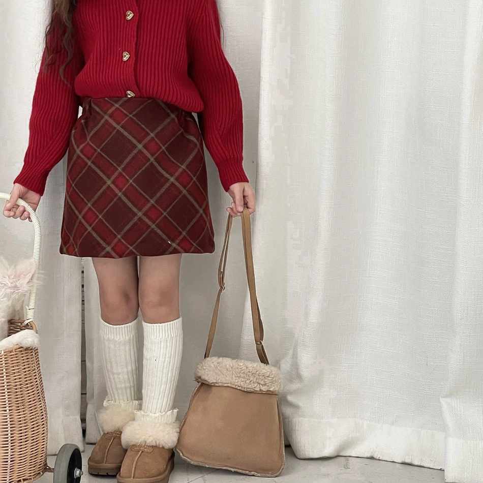 女童圣诞新年红色毛呢半身裙女宝秋冬韩版红格短裙半身裙A字裙潮