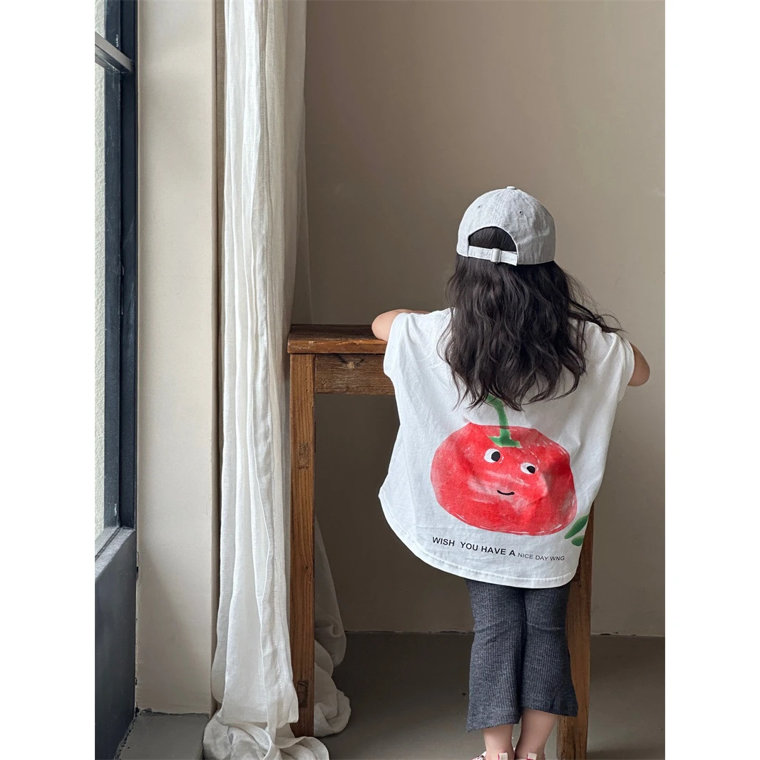 韩版童装女童宽松大版印花T恤前短后长T恤2024夏季新款童装洋气潮