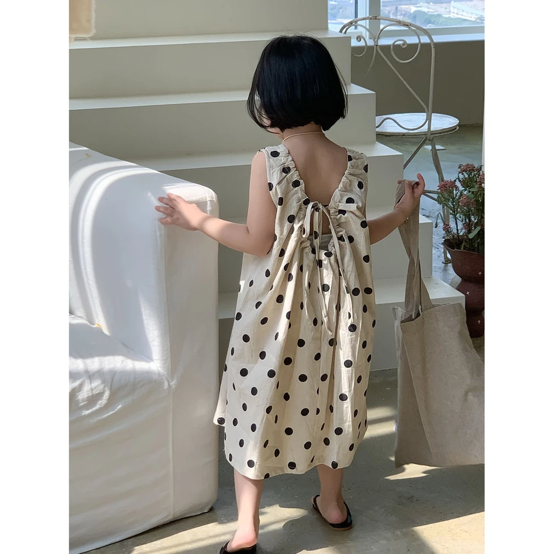 韩国童装女童洋气圆点公主裙2024夏女宝洋气后背系绳度假裙背心裙