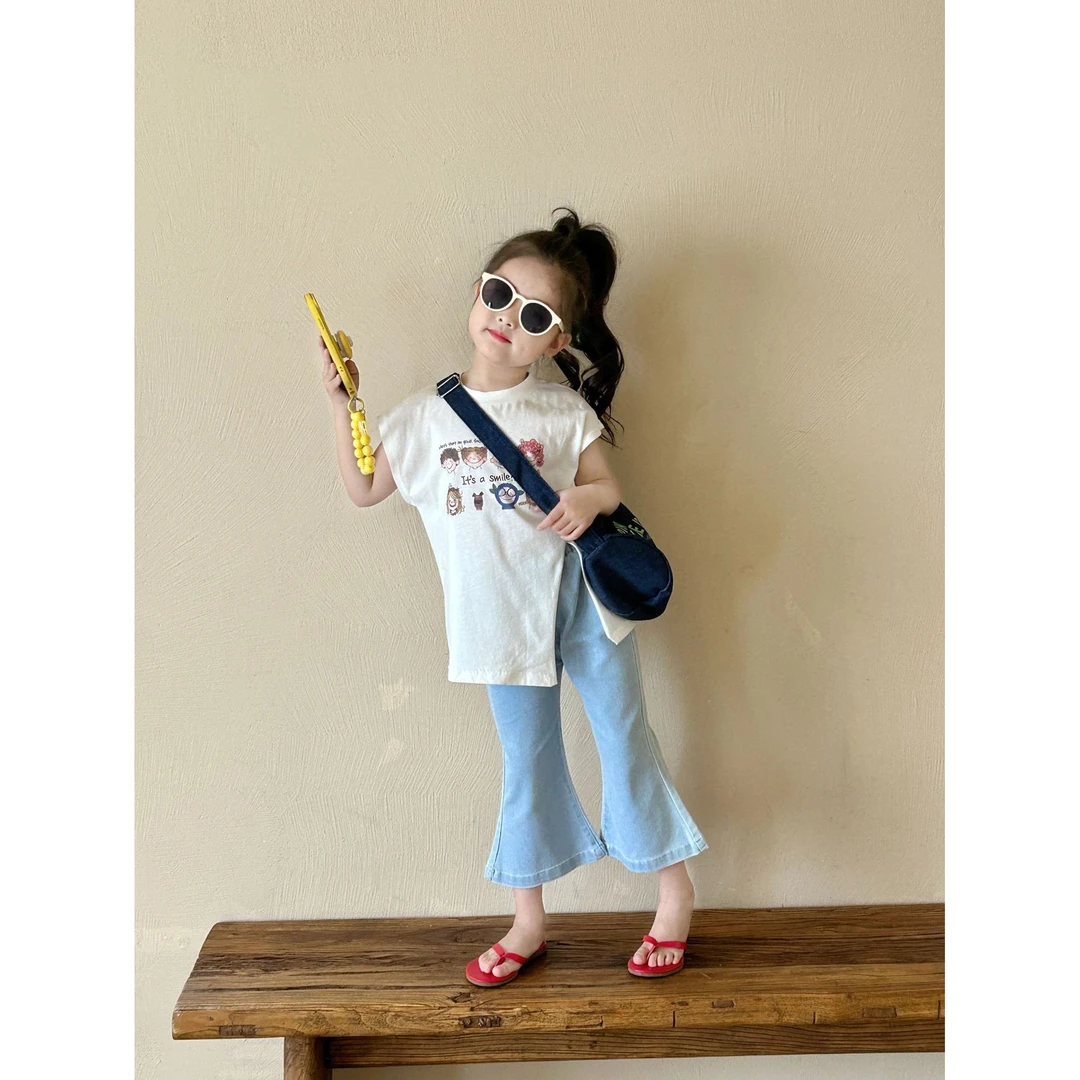 女童卡通印花中长款短袖T恤2024夏韩版女宝洋气开叉上衣休闲童装T