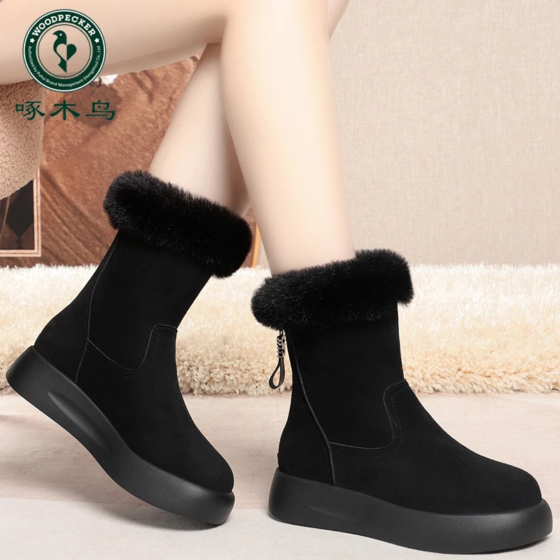 啄木鸟新款软皮圆头粗跟小短靴女秋冬棉靴黑色加绒皮鞋软底雪地靴