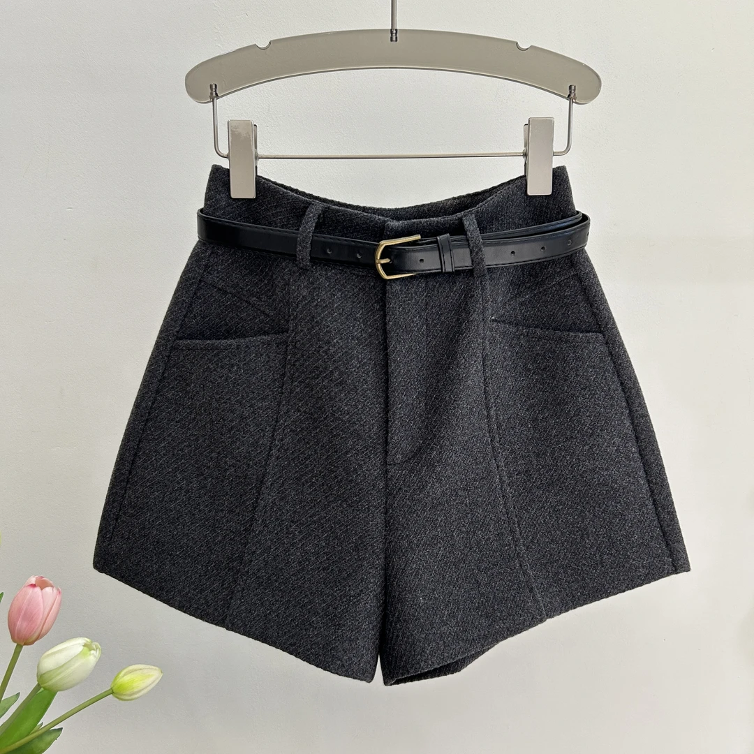 高腰短裤女2024冬季新款毛呢短裤显瘦阔腿A字裤3552