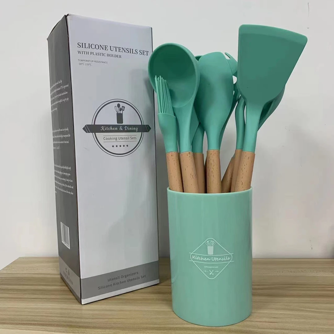 木柄硅胶厨具12件套装不粘锅厨房工具礼品盒装新疆包邮