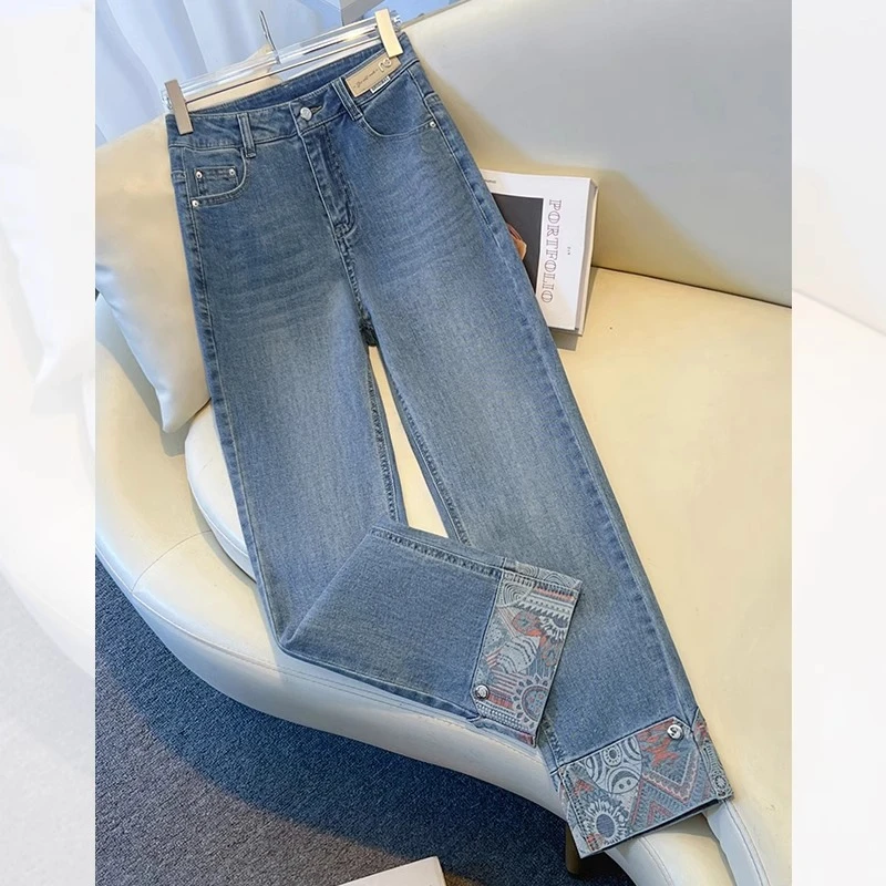 国风烟管牛仔裤女春季2025新款高腰小个子九分裤拼接新中式直筒裤