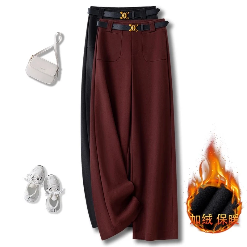 安可拉红加绒阔腿裤女秋冬季2025新款高腰今年流行宽松显瘦直筒裤