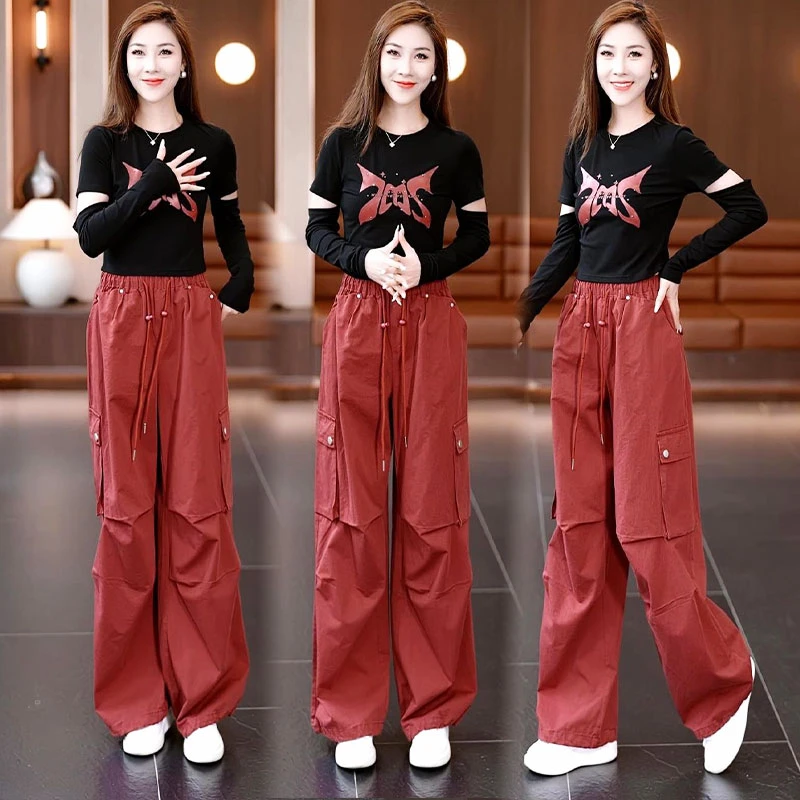 美式抽绳直筒工装裤女2025春秋新款设计感时尚宽松气质窄版阔腿裤