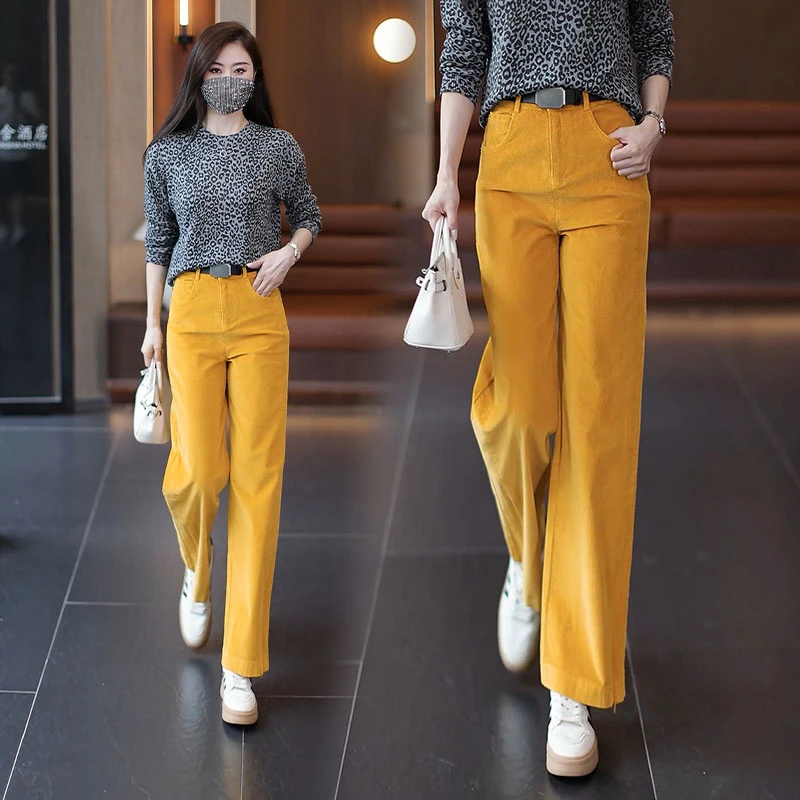 灯芯绒窄版阔腿裤女秋冬2024新款高腰显瘦梧桐裤条纹黄色直筒裤子