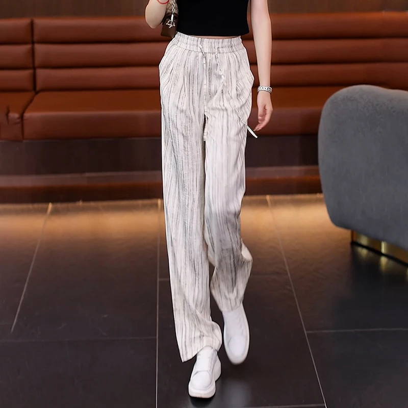 缎面休闲直筒裤女夏季薄款2025新款爆款高腰扎染冰丝醋酸阔腿裤子