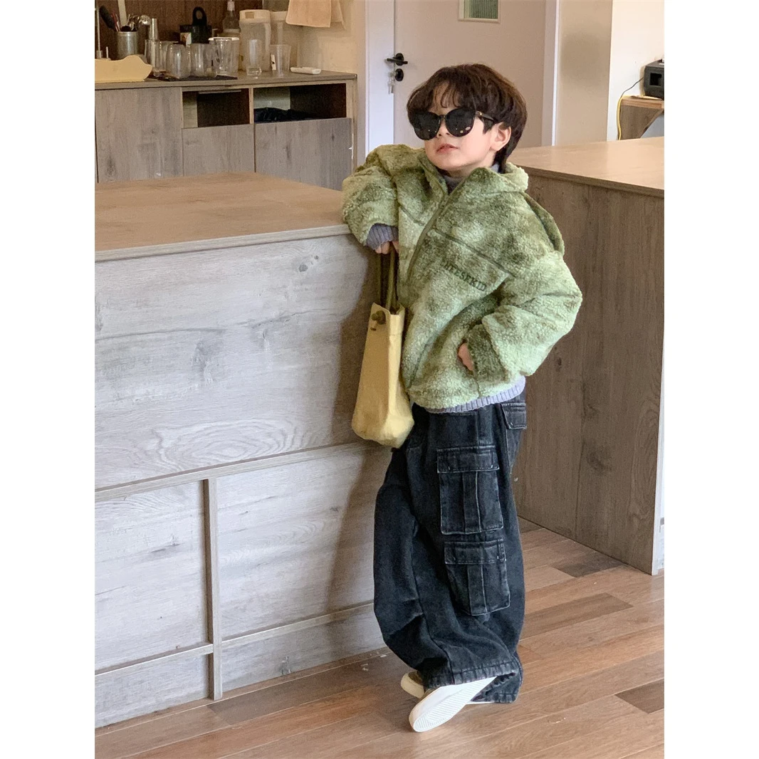 韩版男童外套2024春秋新款儿童扎染开衫毛毛外套洋气加厚拉链开衫