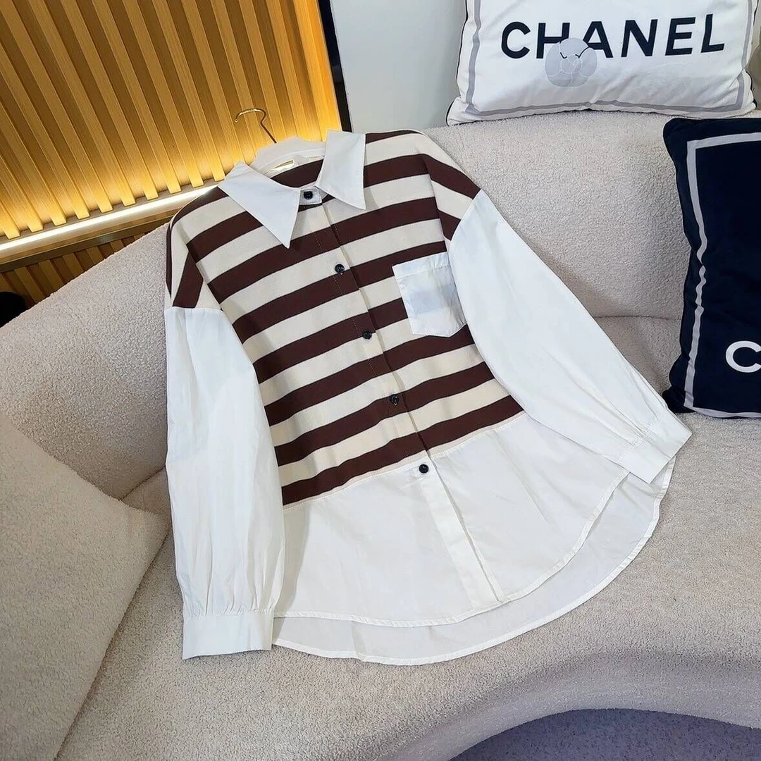 【现货】0018气质条纹拼接早春休闲假两件宽松中长款长袖POLO领衬衫