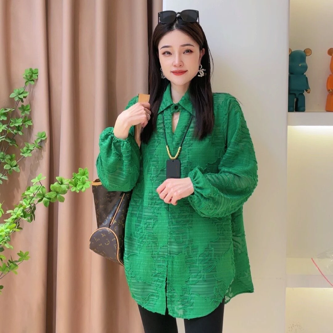 欧货镂空宽松衬衫-2024早春新款休闲中长款时尚印花透视长袖衬衣