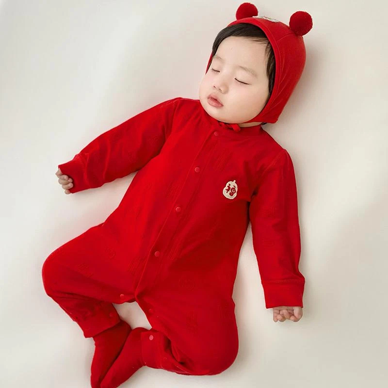 宝宝连体衣新年服长袖棉中国风大红色百天衣服新生婴儿打底哈衣