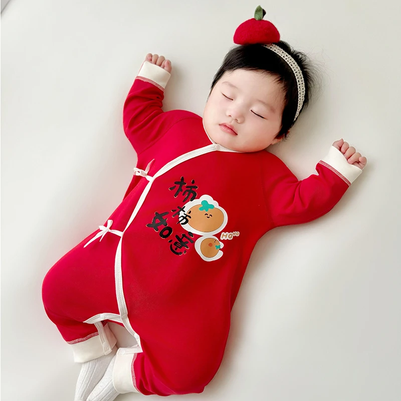 新生儿连体衣纯棉a类春秋红色系带百日满月宝宝衣服59码初生婴儿