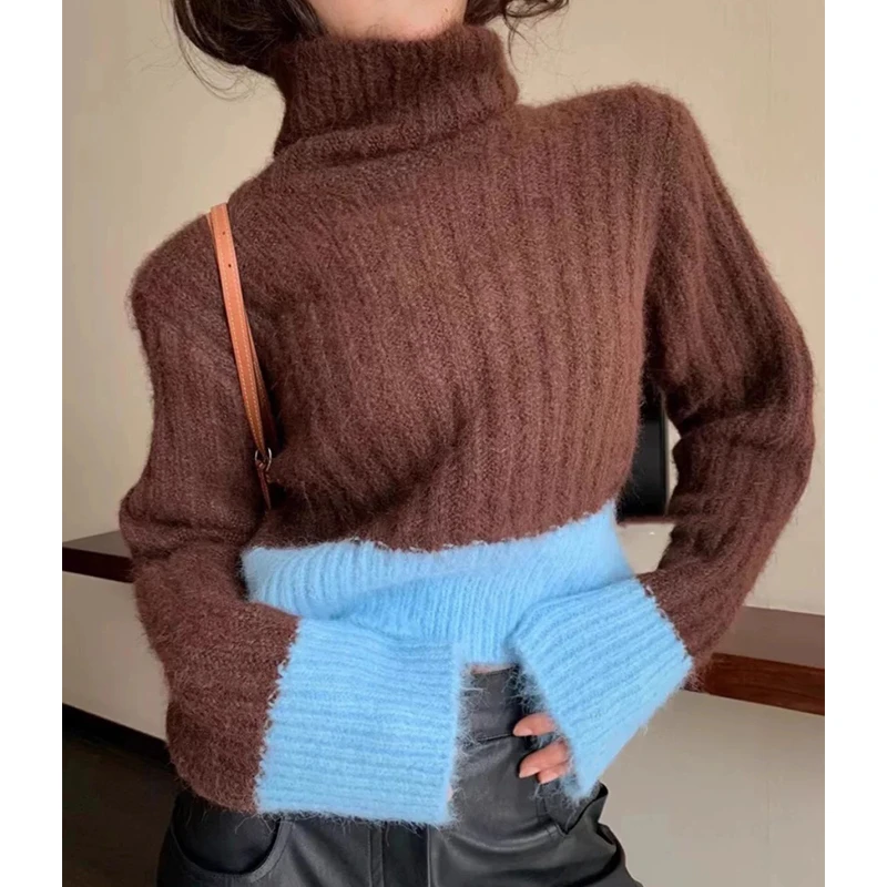 2023冬季【半糖主义】高领小众拼接撞色时尚潮流百搭休闲毛衣上衣