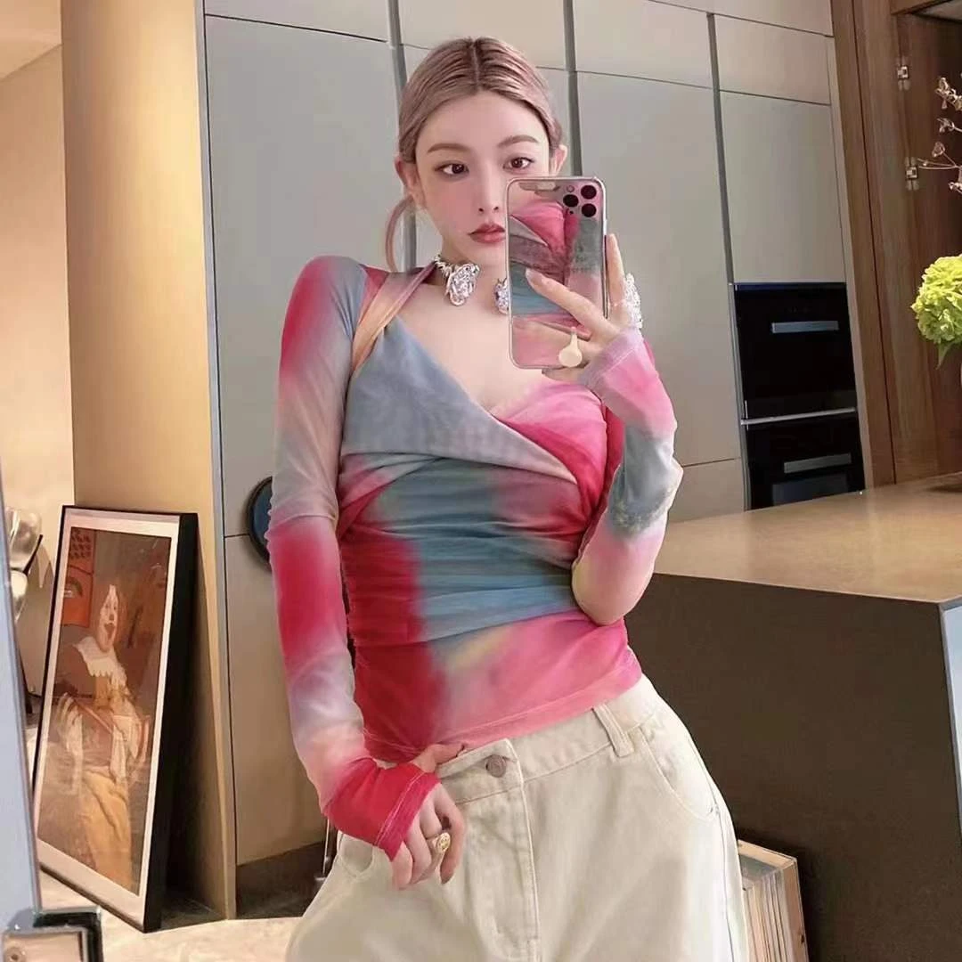 【人鱼姬】彩色网纱设计感皱褶V领时尚气质小众轻薄上衣