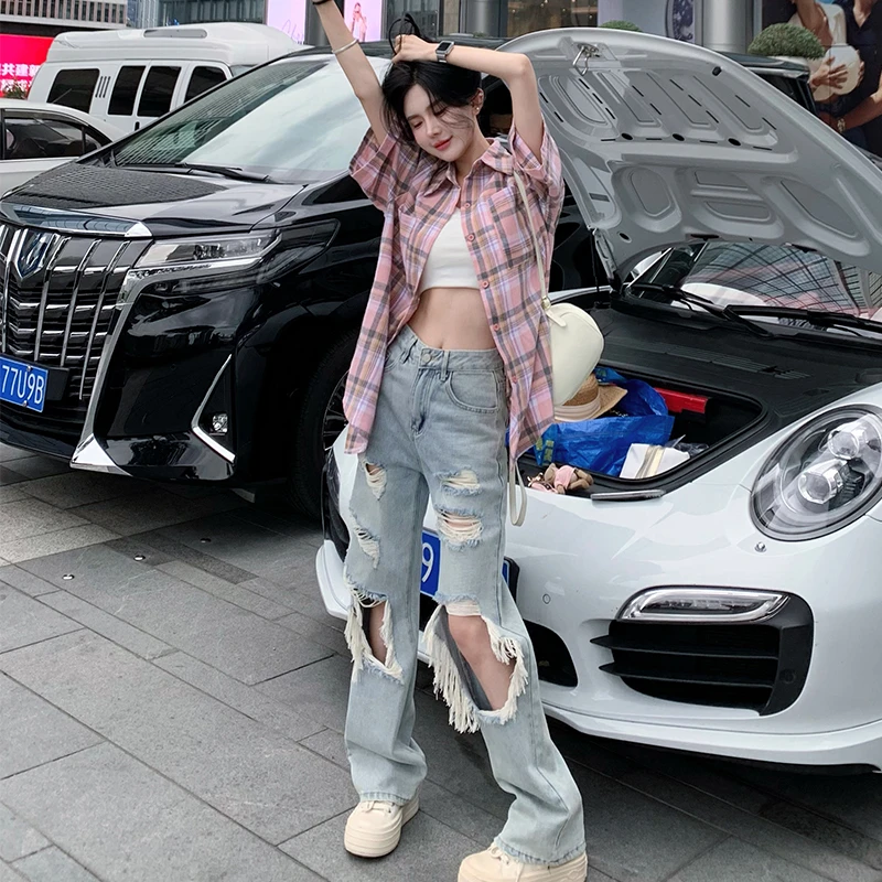 【抹茶】质感时尚百搭洋气气质款格纹宽松休闲款百搭衬衫