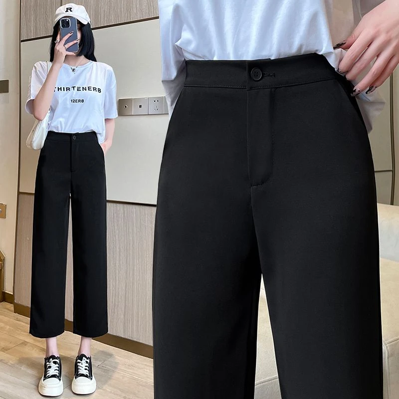 黑色垂感九分阔腿裤女春秋新款黑色显瘦小个子直筒休闲八分西装裤