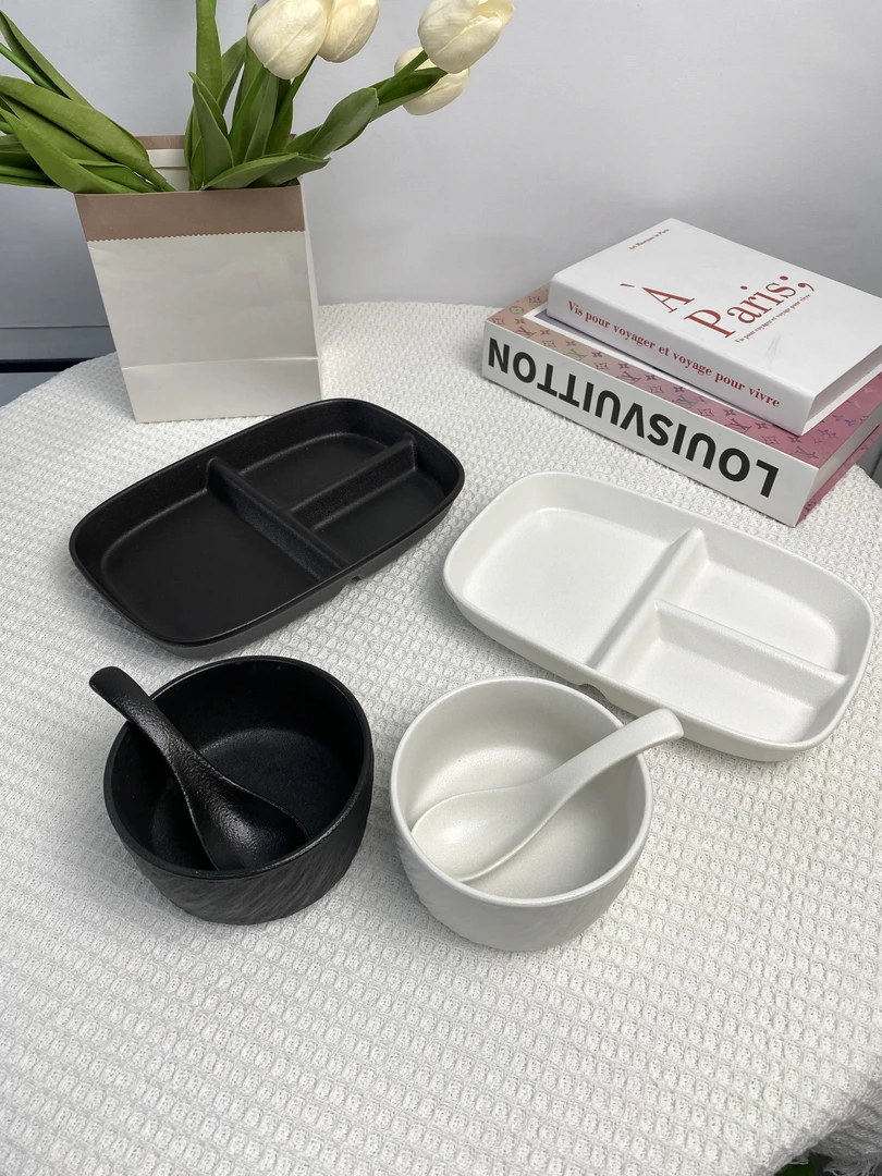 【黑白系列】复古菜盘陶瓷套装长方三格分餐盘圆碗米饭碗带勺子套装