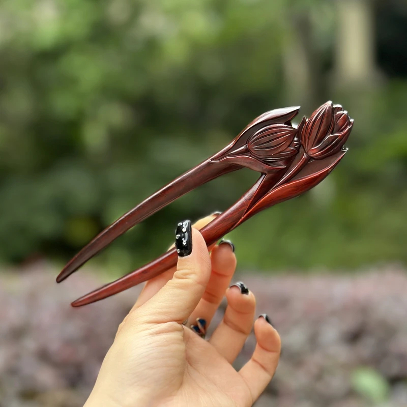 【紫檀郁金香双花】日常百搭古风简约款雕刻重工盘发双钗木质簪子