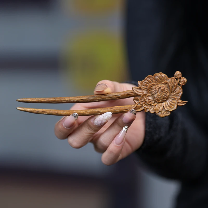 中国风牡丹花发簪绿檀木u形簪子气质清冷感大双钗丸子头盘头发钗