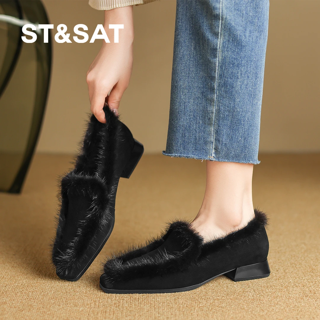 星期六时尚英伦风平底百搭单鞋真皮软底粗跟加绒通勤鞋冬季舒适鞋