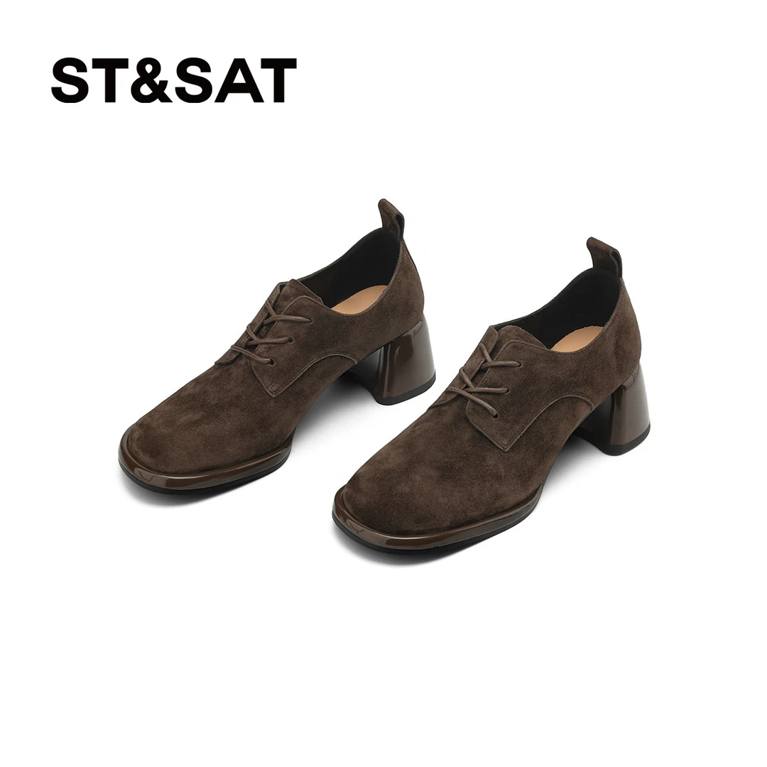 星期六时尚休闲百搭单鞋圆头系带英伦风通勤女鞋棕色粗跟秋季鞋子