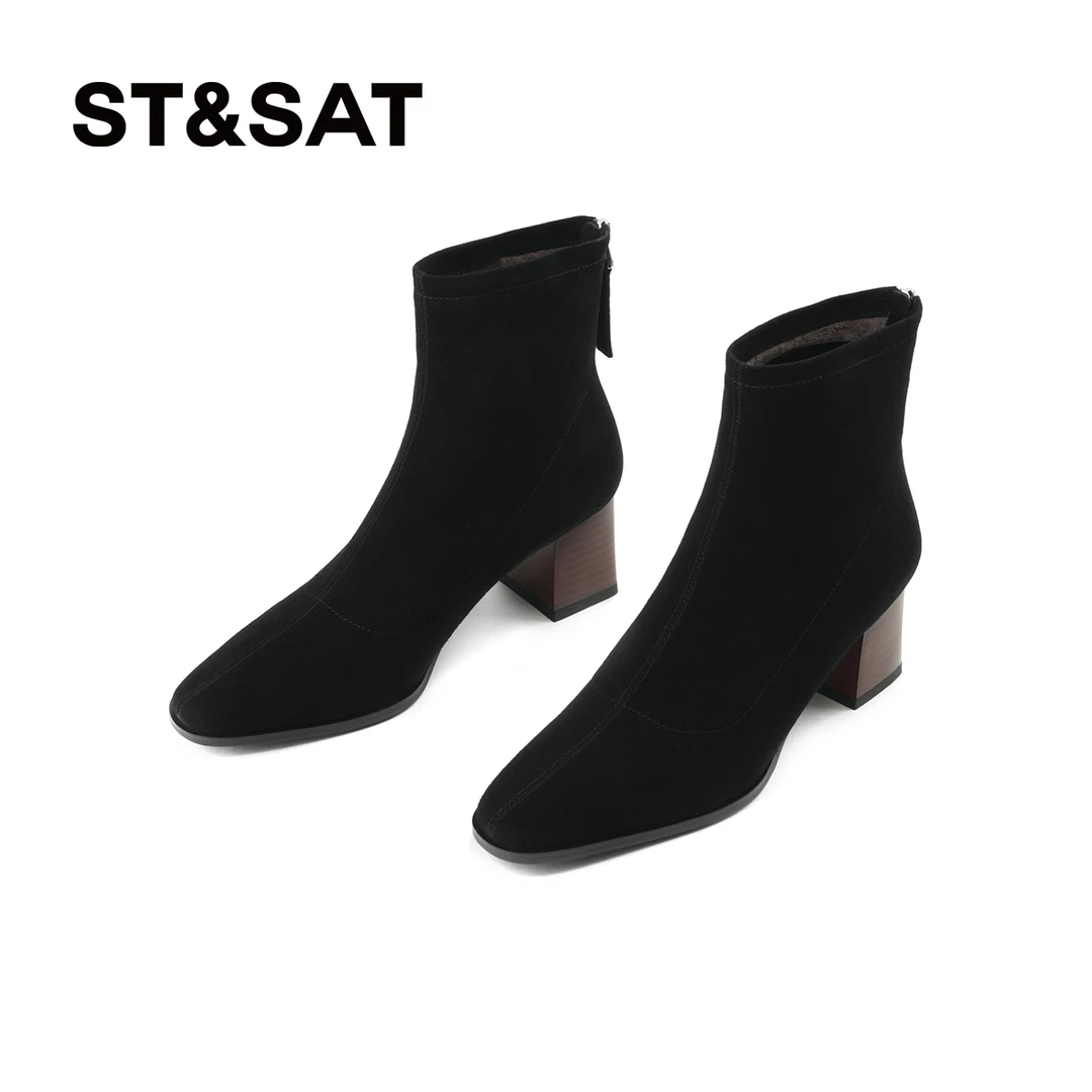 星期六冬季圆头时尚绒里瘦瘦靴百搭粗跟方头秋冬高跟短靴女士靴子