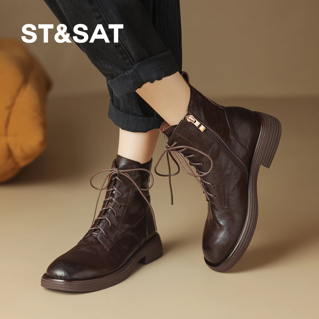 星期六时尚真皮复古粗跟马丁靴厚底英伦风系带加绒靴子百搭圆头鞋