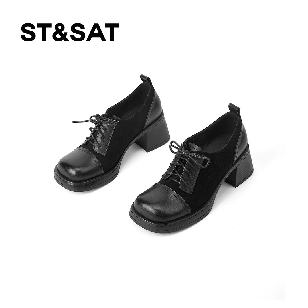 星期六2024新款小个子百搭黑色系带乐福厚底圆头深口休闲女士单鞋