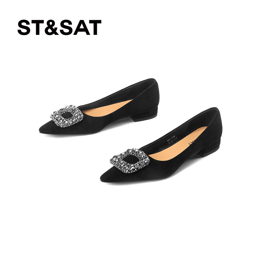 星期六气质尖头单鞋女2024年新款水钻方扣时装鞋女时尚百搭舒适