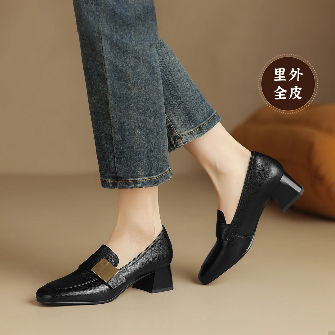 【里外全皮】星期六女皮鞋2024新款深口乐福鞋圆头中跟英伦风女单鞋