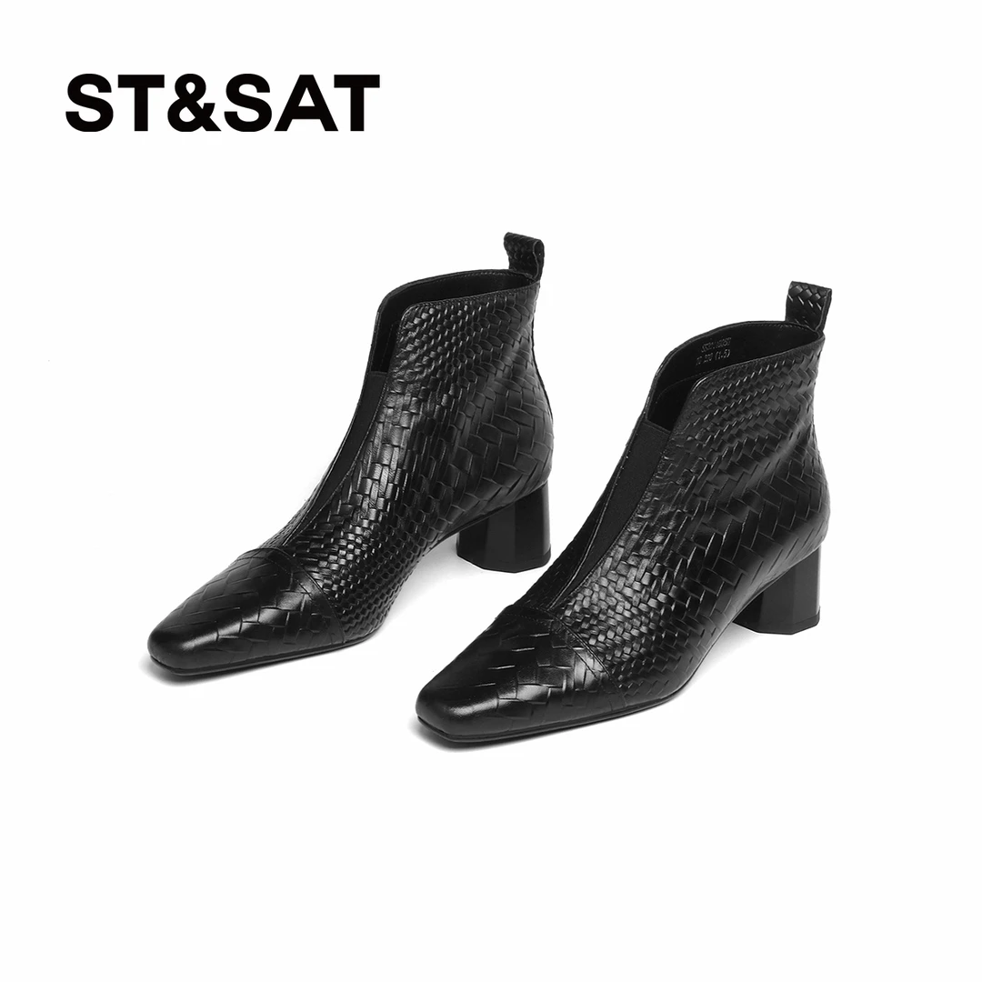 星期六冬季2024气质时尚百搭短靴简约粗跟方头秋冬单里气质时装靴