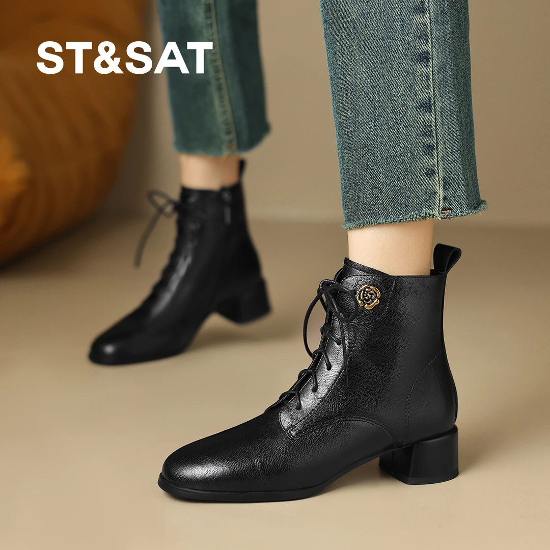 星期六复古英伦风时尚马丁靴百搭粗跟黑色圆头靴子系带中跟女士鞋