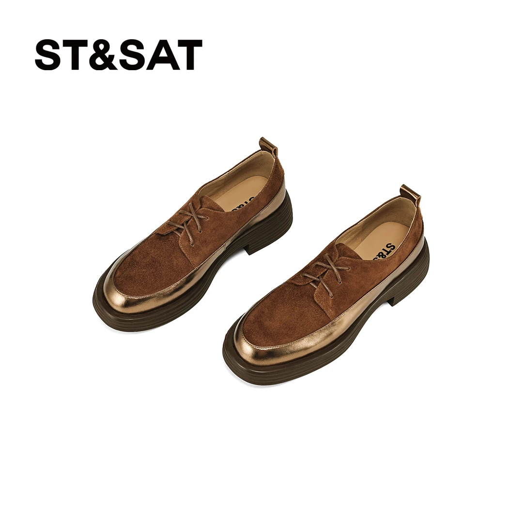 星期六棕色厚底乐福圆头百搭休闲中跟女士通勤鞋久站不累脚妈妈鞋