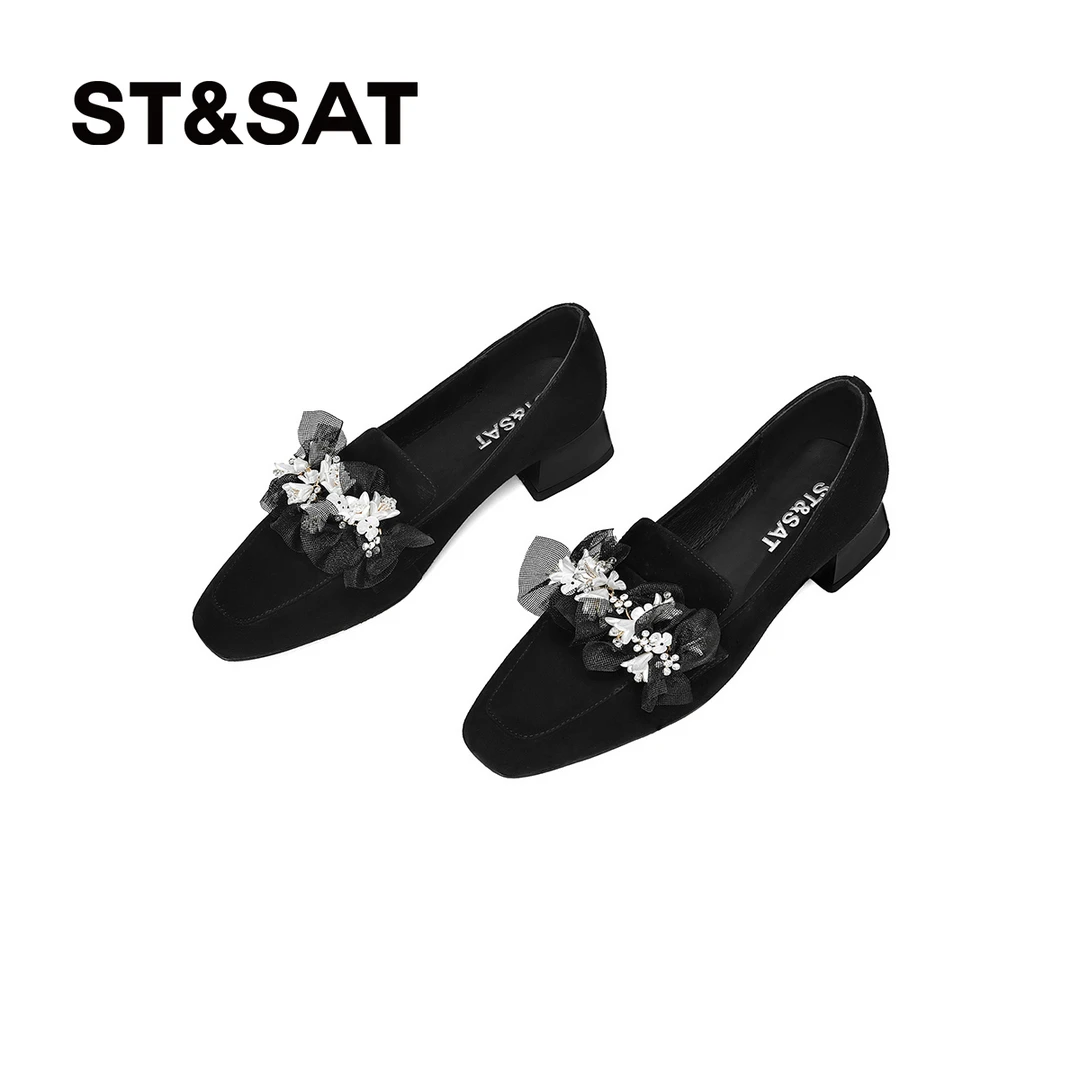 星期六24小香风时尚休闲女国风花朵方头秋季乐福单鞋SSC3112J37