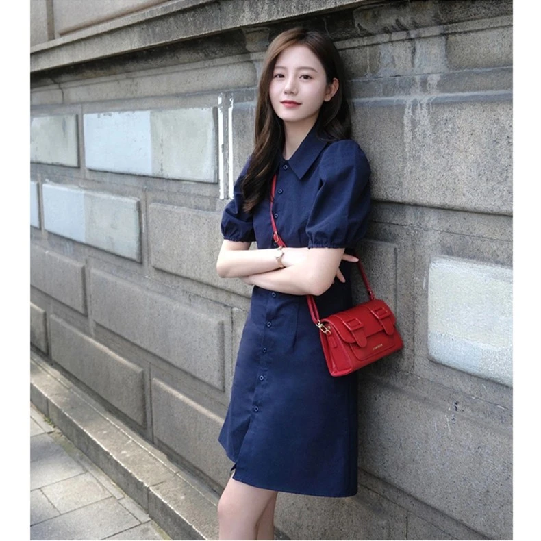 夏季高级感小个子直筒显瘦气质衬衫裙韩系泡泡袖polo领连衣裙女