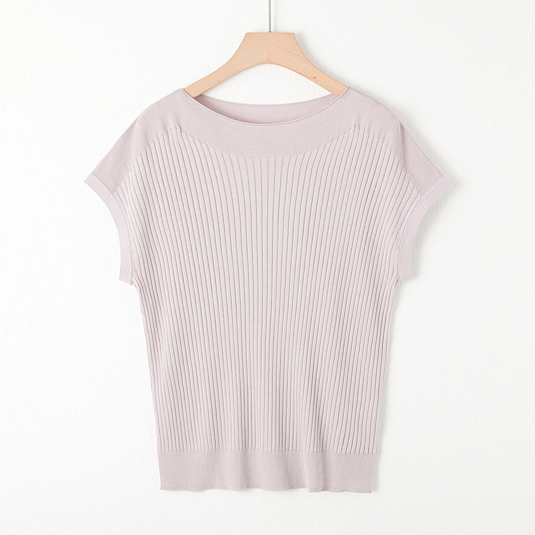 法式极简风坑条显瘦款女士2024夏季蝙蝠袖桑蚕丝莱赛尔针织衫