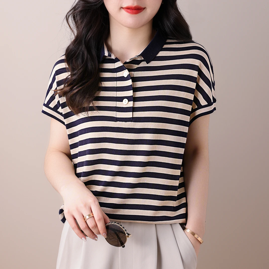 K-gold 优雅翻领时尚款夏季新款简约休闲百搭无袖女士桑蚕丝T恤