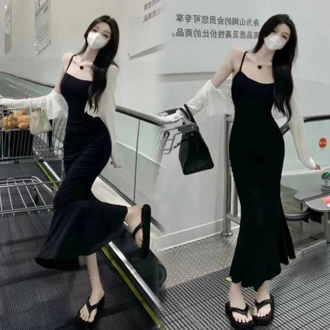 高级感鱼尾吊带连衣裙女秋季2023新款修身显瘦性感黑色包臀长裙子