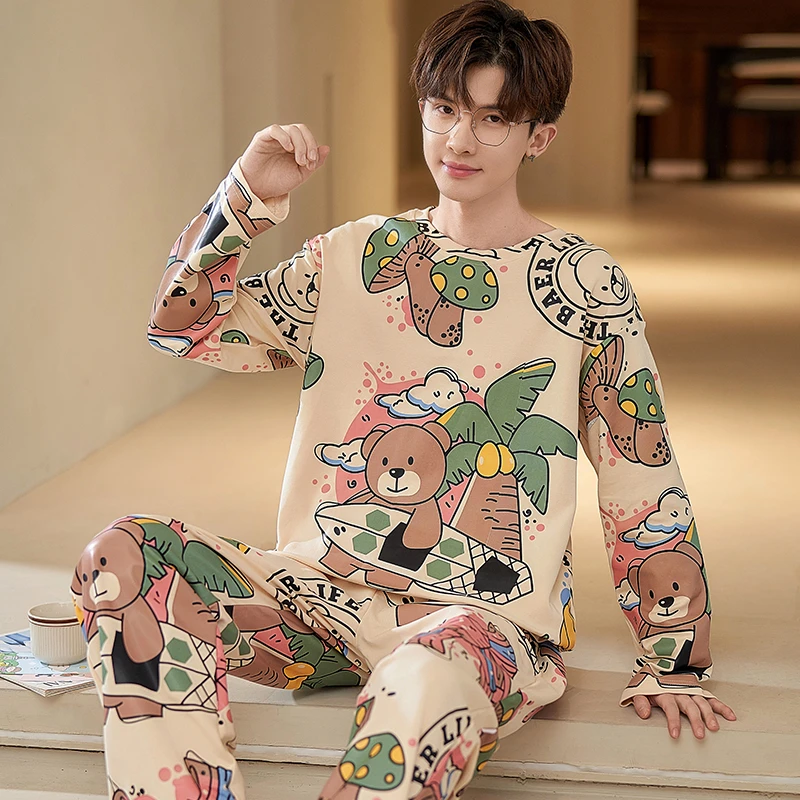 青少年睡衣男款纯棉春夏季薄款长袖长裤男生家居服套装春秋天外穿