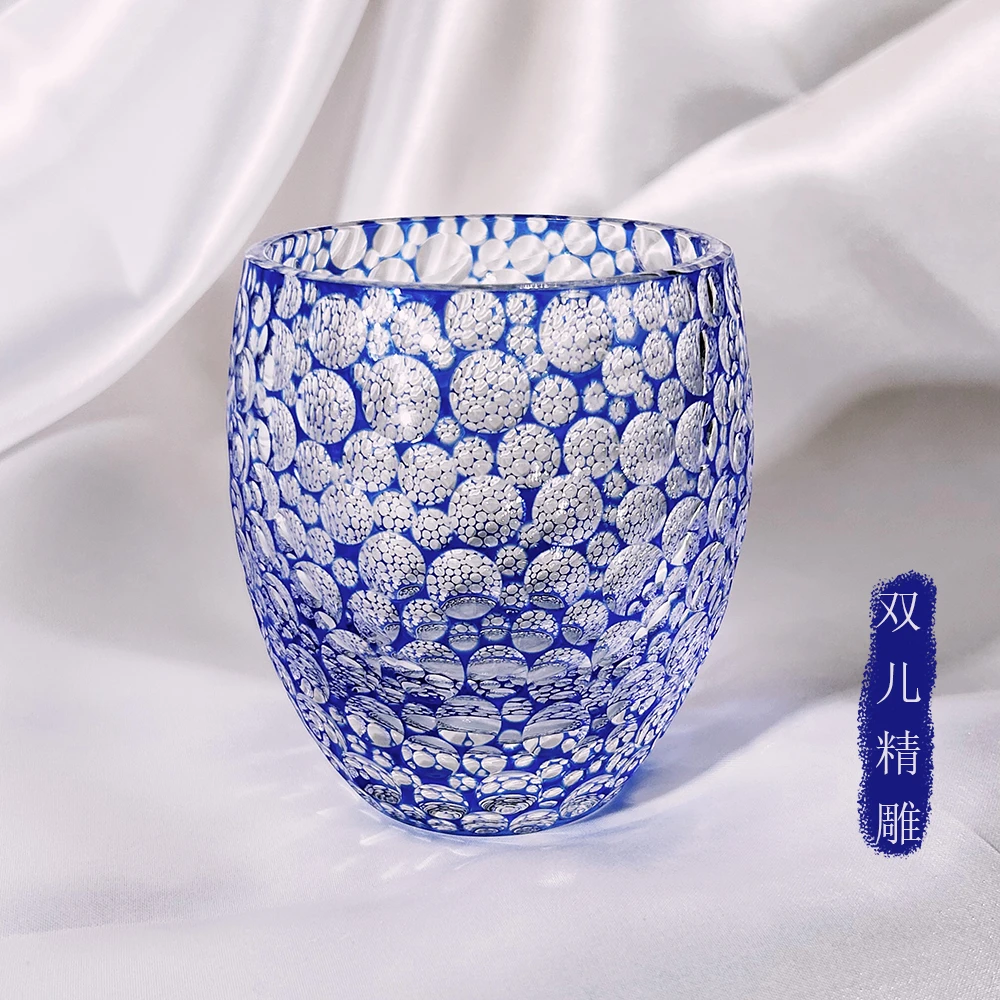 【新品】江户切子蓝泡泡水晶玻璃杯手工雕刻洋酒杯家用创意款